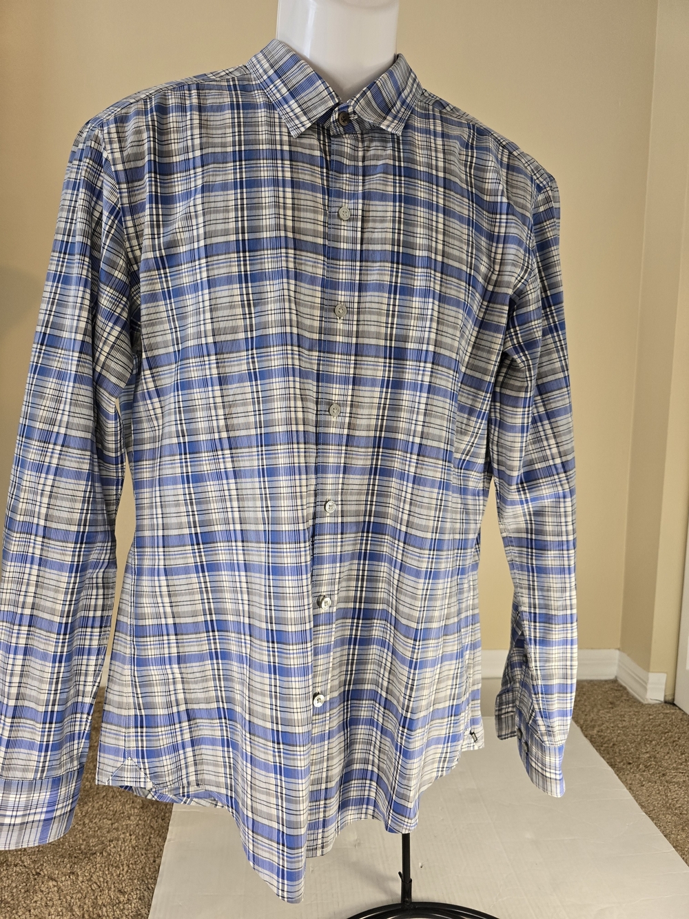 $128 Hugo Boss Men's Checked slim-fit shirt in Oxford cotton, Blue, Size Lg